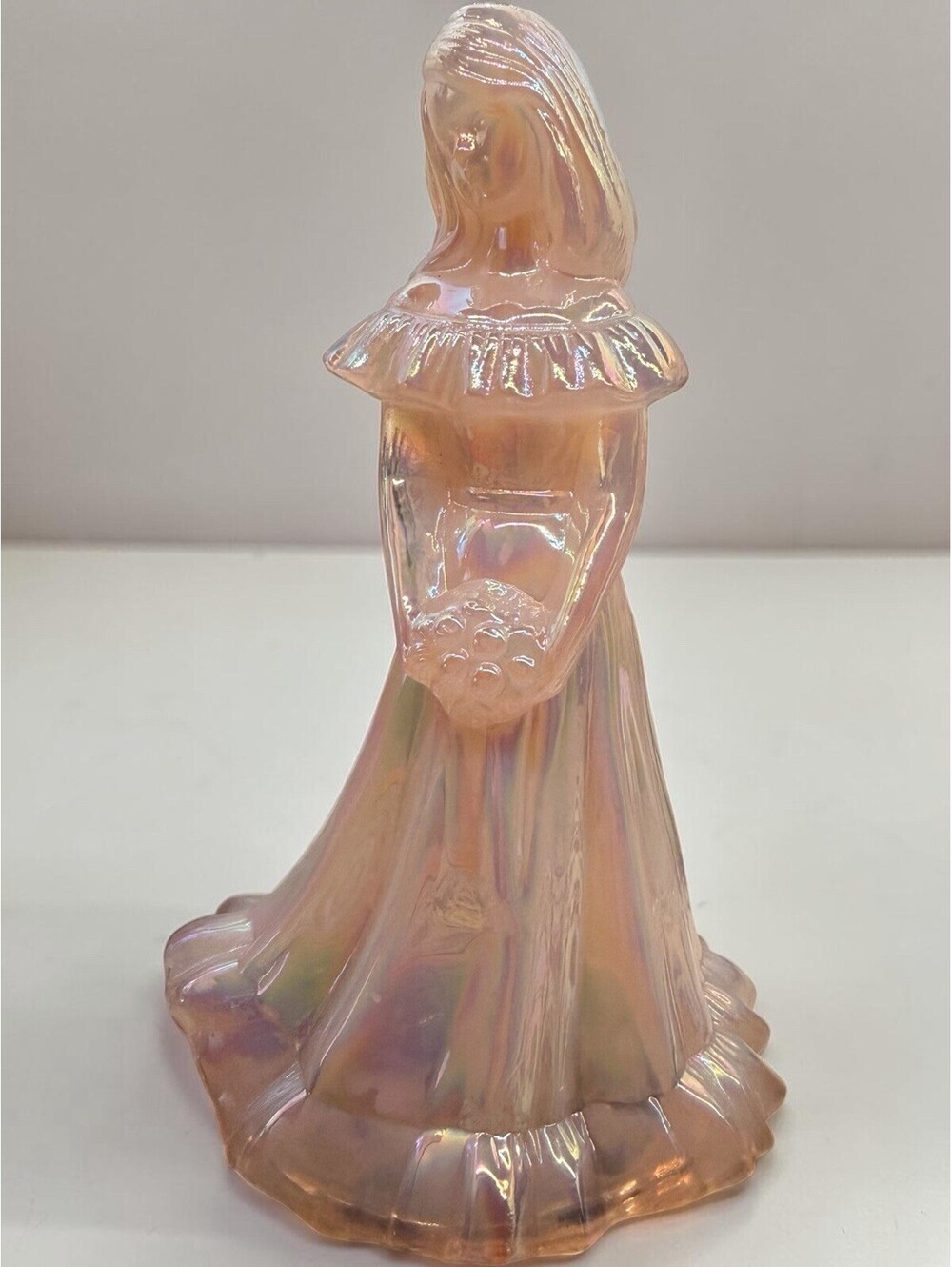 VTG Fenton Art Glass Pink Iridescent  Girl w/ Bouquet" Bridesmaid Figurine 7"